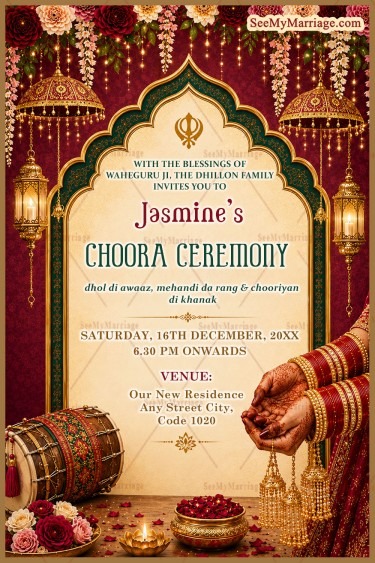 Floral Mughal Arch Design Punjabi Choora Ceremony Invitation Card with Dhol, Golden Border