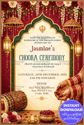 Floral Mughal Arch Design Punjabi Choora Ceremony Invitation Card with Dhol, Golden Border