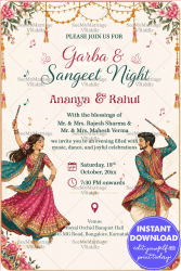 Floral Pastel Garba & Sangeet Night Invitation Card with Dandiya Couple Illustration, Hanging Festive Lights and Elegant Botanical Frame