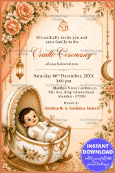 Floral Peach Theme Cradle Ceremony Invitation Card with Baby Cradle & Hanging Lantern Decor