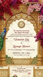 Floral Punjabi Wedding Invitation Card with Golden Arch, Peacock Motif & Floral Palace Decor