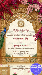 Floral Punjabi Wedding Invitation Card with Golden Arch, Peacock Motif & Floral Palace Decor