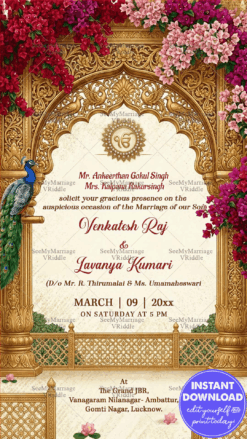 Floral Punjabi Wedding Invitation Card with Golden Arch, Peacock Motif & Floral Palace Decor