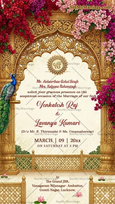 Floral Punjabi Wedding Invitation Card with Golden Arch, Peacock Motif & Floral Palace Decor
