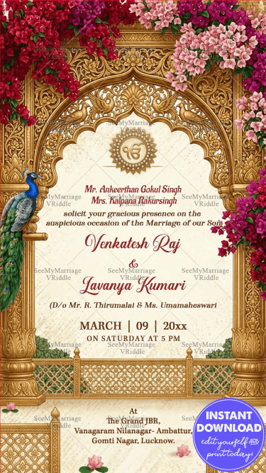 Floral Punjabi Wedding Invitation Card with Golden Arch, Peacock Motif & Floral Palace Decor
