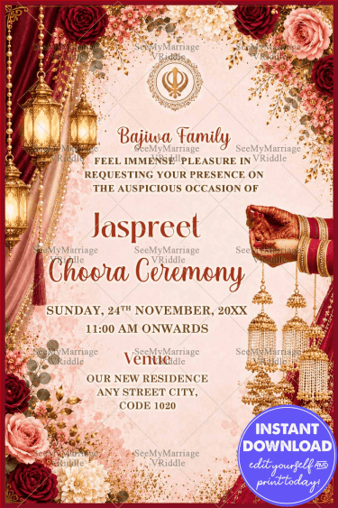 Floral Roses & Traditional Theme Choora Ceremony Invitation Card with Golden Lanterns