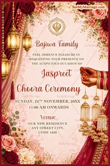 Floral Roses & Traditional Theme Choora Ceremony Invitation Card with Golden Lanterns