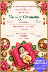 Floral Traditional Baby Naming Ceremony Invitation Card with Festive Diyas & Baby Illustration