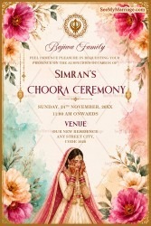Floral Watercolor Theme Choora Ceremony Invitation Card with Punjabi Bridal Illustration & Golden Sikh Symbol