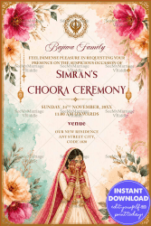 Floral Watercolor Theme Choora Ceremony Invitation Card with Punjabi Bridal Illustration & Golden Sikh Symbol
