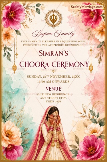 Floral Watercolor Theme Choora Ceremony Invitation Card with Punjabi Bridal Illustration & Golden Sikh Symbol