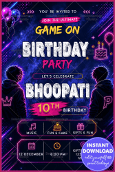 Gamer Characters Neon Gaming Birthday Invitation Card with Cyberpunk Theme, Neon Lights & Game Controller Design