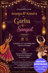 Garba & Sangeet Night Invitation Card with Festive Dandiya Dancers, Hanging Lanterns, String Lights and Ornamental Mandala Design