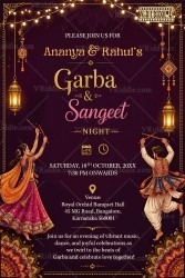 Garba & Sangeet Night Invitation Card with Festive Dandiya Dancers, Hanging Lanterns, String Lights and Ornamental Mandala Design