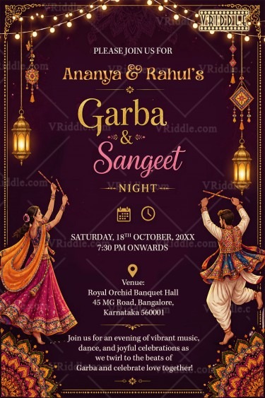 Garba & Sangeet Night Invitation Card with Festive Dandiya Dancers, Hanging Lanterns, String Lights and Ornamental Mandala Design