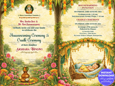 Garden-Themed Housewarming & Cradle Ceremony Invitation with Floral Forest Setting, Baby Swing Cradle & Traditional Festive Decor