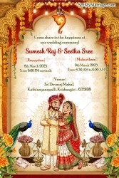 Ghibli Style Gujarati Wedding Invitation Card with Royal Temple Arch, Ganesha Motif, Peacock Decor