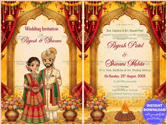 Ghibli Style Gujarati Wedding Invitation with Royal Temple Arch and Traditional Bridal Couple Illustration