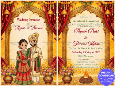 Ghibli Style Gujarati Wedding Invitation with Royal Temple Arch and Traditional Bridal Couple Illustration