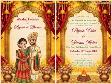 Ghibli Style Gujarati Wedding Invitation with Royal Temple Arch and Traditional Bridal Couple Illustration
