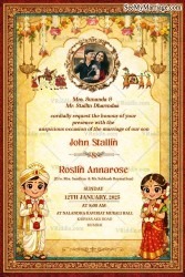 Ghibli Style South Indian Wedding Invitation Card with Cartoon Couple, Floral Hanging Decor & Temple Theme