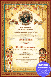 Ghibli Style South Indian Wedding Invitation Card with Cartoon Couple, Floral Hanging Decor & Temple Theme