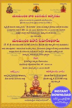 Golden BG Telugu Upanayanam Invitation Card with Sacred Deity Motifs & Traditional Vedic Ritual Illustration
