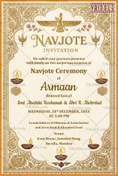 Golden Borders Parsi Navjote Invitation Card with Faravahar Symbol & Traditional Diyas