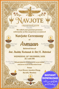 Golden Borders Parsi Navjote Invitation Card with Faravahar Symbol & Traditional Diyas