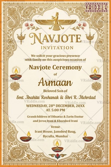 Golden Borders Parsi Navjote Invitation Card with Faravahar Symbol & Traditional Diyas