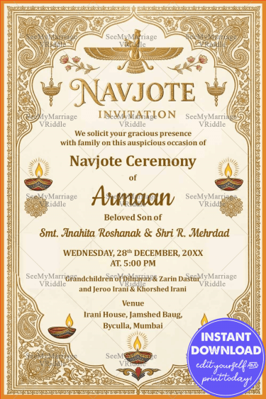 Golden Borders Parsi Navjote Invitation Card with Faravahar Symbol & Traditional Diyas