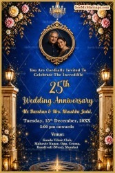Golden Floral Decor 25th Wedding Anniversary Invitation Card with Couple Portrait Frame & Add Photo