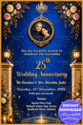 Golden Floral Decor 25th Wedding Anniversary Invitation Card with Couple Portrait Frame & Add Photo