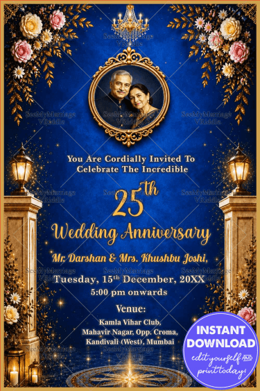 Golden Floral Decor 25th Wedding Anniversary Invitation Card with Couple Portrait Frame & Add Photo