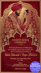 Golden Floral Design Punjabi Anand Karaj Wedding Invitation Card with Red Velvet Theme & Sikh Bridal Couple Illustration