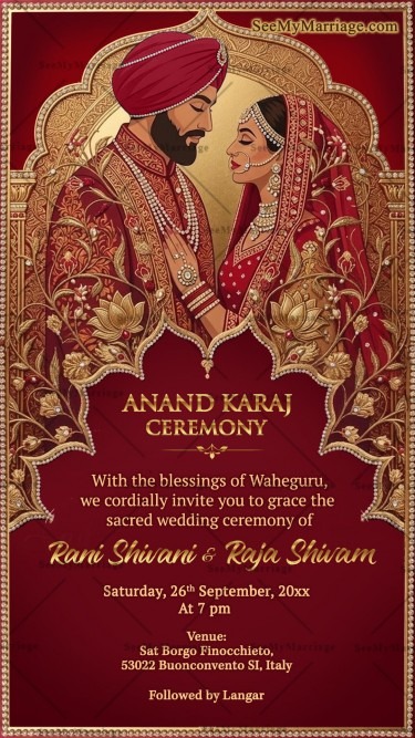 Golden Floral Design Punjabi Anand Karaj Wedding Invitation Card with Red Velvet Theme & Sikh Bridal Couple Illustration