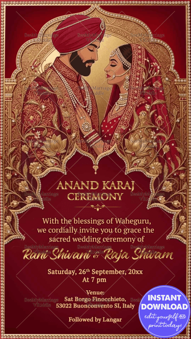 Golden Floral Design Punjabi Anand Karaj Wedding Invitation Card with Red Velvet Theme & Sikh Bridal Couple Illustration