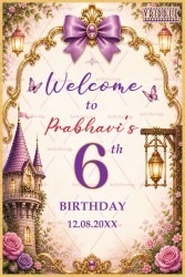 Golden Frame Princess Welcome Board with Fairytale Castle & Lavender Floral Theme