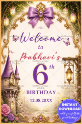 Golden Frame Princess Welcome Board with Fairytale Castle & Lavender Floral Theme
