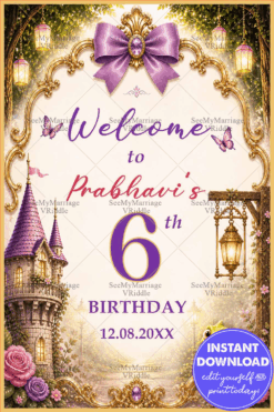Golden Frame Princess Welcome Board with Fairytale Castle & Lavender Floral Theme