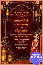 Golden Lanterns Gunyo Cholo Ceremony Invitation Card with Floral Borders & Traditional Illustration