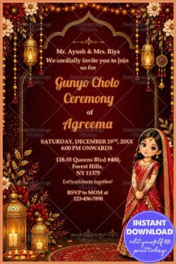 Golden Lanterns Gunyo Cholo Ceremony Invitation Card with Floral Borders & Traditional Illustration