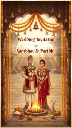 Grand Temple Pillar Nepali Wedding Invitation Video with Couple Illustration and Floral Garlands, Sacred Fire Ritual
