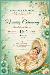 Green Floral Theme Girl Naming Ceremony Invitation Card with Royal Cradle & Golden Design