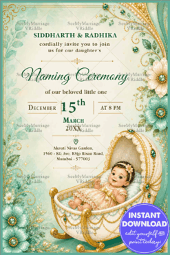 Green Floral Theme Girl Naming Ceremony Invitation Card with Royal Cradle & Golden Design