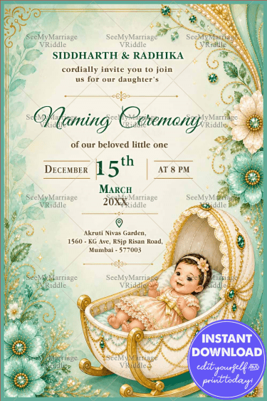 Green Floral Theme Girl Naming Ceremony Invitation Card with Royal Cradle & Golden Design