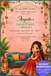 Hanging Bells, Floral Gunyo Cholo Ceremony Invitation Card with Floral Decor & Traditional Girl Illustration