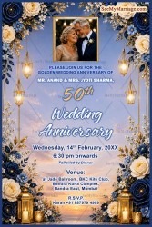 Hanging Lanterns 50th Golden Wedding Anniversary Invitation Card with Floral Borders & Couple Portrait Frame Add Photo