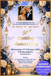 Hanging Lanterns 50th Golden Wedding Anniversary Invitation Card with Floral Borders & Couple Portrait Frame Add Photo