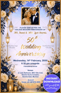 Hanging Lanterns 50th Golden Wedding Anniversary Invitation Card with Floral Borders & Couple Portrait Frame Add Photo